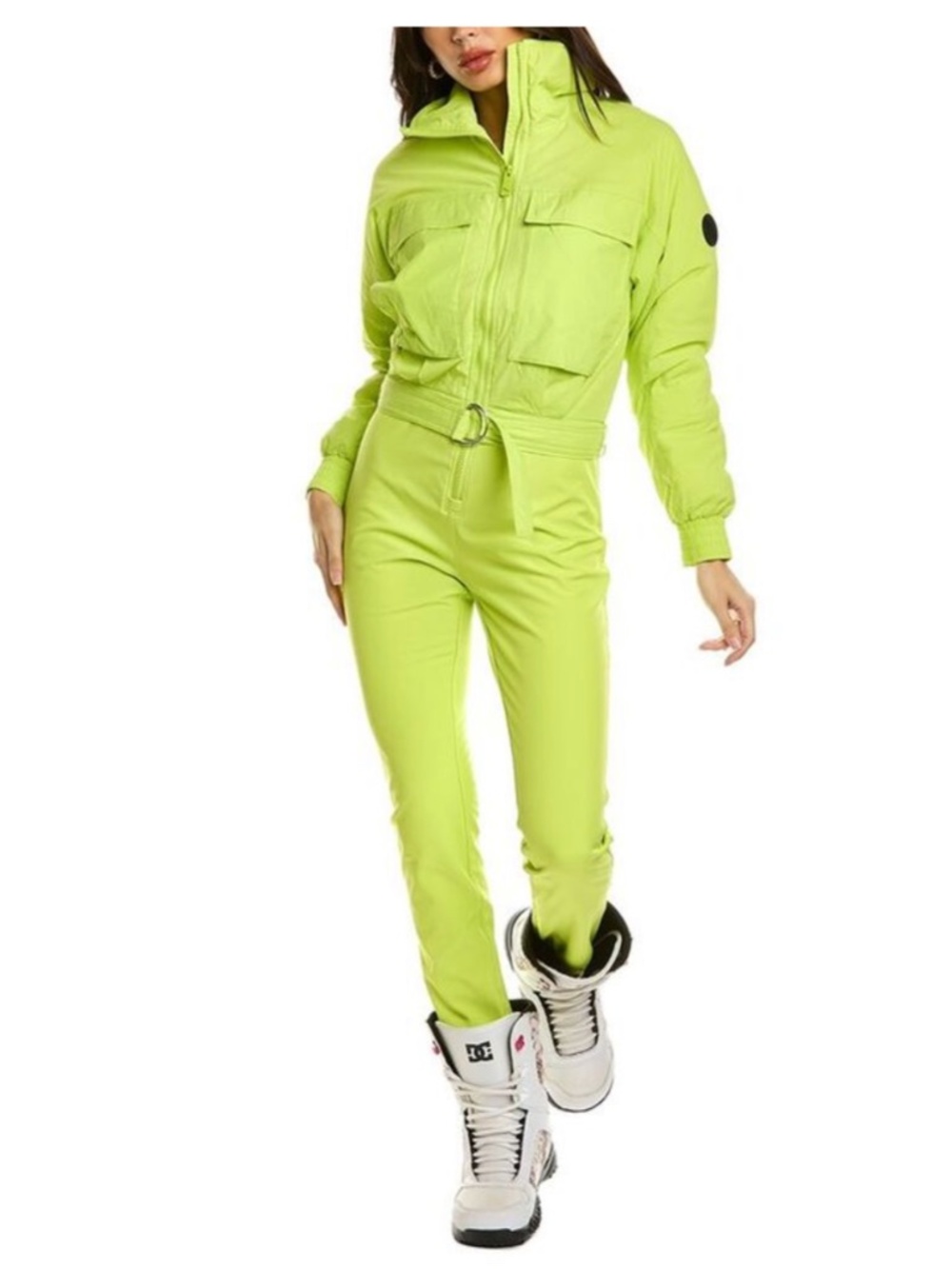 NOIZE Birdie jumpsuit ski suit neon yellow zip up front utility pockets Small S